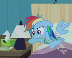 Size: 400x324 | Tagged: animated, bed, countdown, cropped, edit, edited screencap, floppy ears, hospital bed, hub logo, lamp, light switch, off, on, rainbow dash, read it and weep, safe, screencap, solo