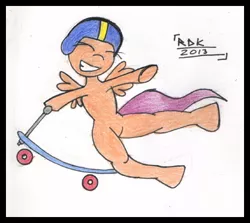 Size: 420x374 | Tagged: artist:rdk, flying, safe, scootaloo, scooter, solo, traditional art