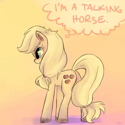 Size: 1600x1600 | Tagged: applejack, artist:heckfucker, captain obvious, existential crisis, hatless, missing accessory, safe, solo, truth, unshorn fetlocks