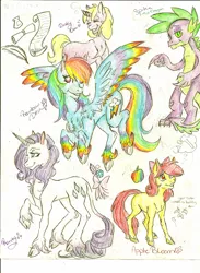 Size: 1698x2323 | Tagged: apple, apple bloom, artist:coraline-176, classical unicorn, cloven hooves, derpibooru import, dinky hooves, feather, gem, leonine tail, rainbow dash, rarity, safe, scroll, sketch dump, spike, traditional art, unshorn fetlocks, zap apple