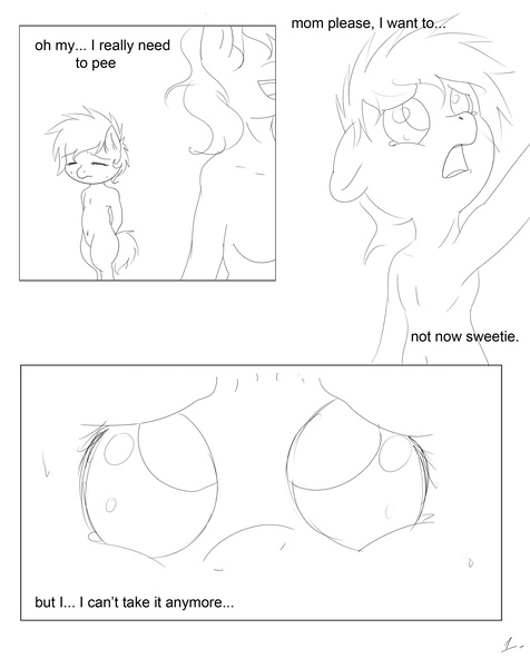 Size: 2716x3425 | Tagged: artist:theponybox696, comic, comic:watersports, derpibooru import, female, foal, monochrome, need to pee, oc, omorashi, potty dance, potty emergency, potty time, safe, semi-anthro, unofficial characters only