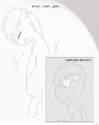 Size: 2716x3425 | Tagged: artist:theponybox696, comic, comic:watersports, derpibooru import, foal, monochrome, need to pee, oc, omorashi, potty dance, potty emergency, potty time, safe, trotting in place, unofficial characters only