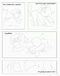 Size: 2716x3425 | Tagged: artist:theponybox696, comic, comic:watersports, derpibooru import, desperation, foal, monochrome, need to pee, oc, omorashi, potty dance, potty emergency, potty time, safe, trotting in place, unofficial characters only