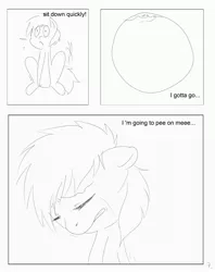 Size: 2716x3425 | Tagged: artist:theponybox696, bladder, comic, comic:watersports, crying, derpibooru import, desperation, foal, full bladder, internal, monochrome, need to pee, oc, omorashi, potty dance, potty emergency, potty time, safe, trotting in place, unofficial characters only, urine, x-ray bladder