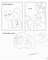 Size: 2716x3425 | Tagged: artist:theponybox696, comic, comic:watersports, derpibooru import, foal, monochrome, need to pee, oc, omorashi, pissing, potty time, public, suggestive, unofficial characters only, urine