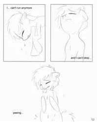 Size: 2716x3425 | Tagged: artist:theponybox696, comic, comic:watersports, derpibooru import, foal, monochrome, need to pee, oc, omorashi, pissing, potty time, suggestive, unofficial characters only, urine