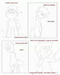 Size: 2716x3425 | Tagged: artist:theponybox696, comic, comic:watersports, derpibooru import, dripping, female, foal, monochrome, oc, suggestive, unofficial characters only, urine, watersports, wet, wetting