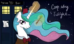 Size: 1005x605 | Tagged: artist:balloons504, derpibooru import, doctor who, eleventh doctor, fez, hat, parody, princess celestia, safe, solo, sonic screwdriver, tardis