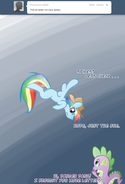 Size: 800x1175 | Tagged: artist:feather, ask, ask rainbow danger dash, derpibooru import, hat, rainbow dash, safe, solo, spike, tumblr