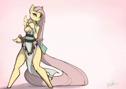 Size: 1280x905 | Tagged: anthro, artist:lost-paw, badass, badass adorable, breasts, busty fluttershy, cleavage, cute, derpibooru import, determined, female, flutterbadass, fluttershy, ninja, solo, solo female, suggestive, sword, weapon