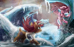 Size: 889x565 | Tagged: safe, artist:owlvortex, derpibooru import, oc, unofficial characters only, bat pony, pony, caribou, epic, fight, flying, frown, glare, ocean, open mouth, spread wings, viking caribou, water, wave