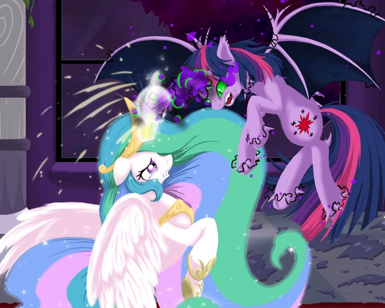 Size: 1080x864 | Tagged: semi-grimdark, artist:beefcrow, derpibooru import, princess celestia, twilight sparkle, twilight sparkle (alicorn), ponified, alicorn, bat pony, bat pony alicorn, demon, pony, angry, badass, betrayal, brutalight sparcake, corrupted, corrupted twilight sparkle, crying, dark magic, evil twilight, fight, glowing eyes, magic, race swap, series finale, sombra eyes