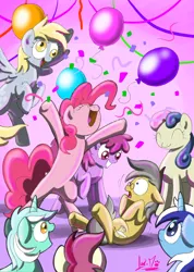 Size: 850x1194 | Tagged: safe, artist:chocolatechilla, derpibooru import, berry punch, berryshine, bon bon, derpy hooves, lyra heartstrings, minuette, pinkie pie, roseluck, sweetie drops, oc, pegasus, pony, balloon, confetti, female, mare, streamers, surprise party