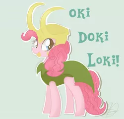 Size: 1024x983 | Tagged: artist:balloons504, clothes, costume, derpibooru import, loki, okie doki loki, pinkie pie, ponified, pun, safe, solo, the avengers, visual pun