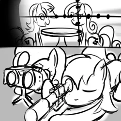 Size: 800x800 | Tagged: artist:why485, binoculars, bon bon, crosshair, daisy, derpibooru import, flower wishes, goldengrape, gun, lyra heartstrings, monochrome, safe, sir colton vines iii, sniper, spotter, sweetie drops