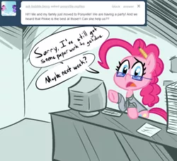 Size: 770x700 | Tagged: artist:tess, ask, clothes, computer, derpibooru import, desk, glasses, necktie, office, paperwork, pencil, pinkie pie, ponyville replies, safe, shirt, solo, table, tumblr, working