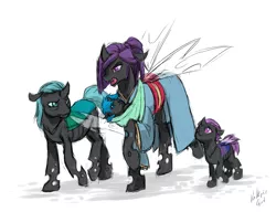 Size: 3000x2300 | Tagged: artist:valkyrie-girl, blue changeling, changeling, changeling oc, clothes, derpibooru import, family, fanfic, fanfic art, fanfic:citizen weevil, female, kimono (clothing), male, nymph, oc, oc:echo, oc:weevil, purple changeling, robe, safe, simple background, unofficial characters only, white background