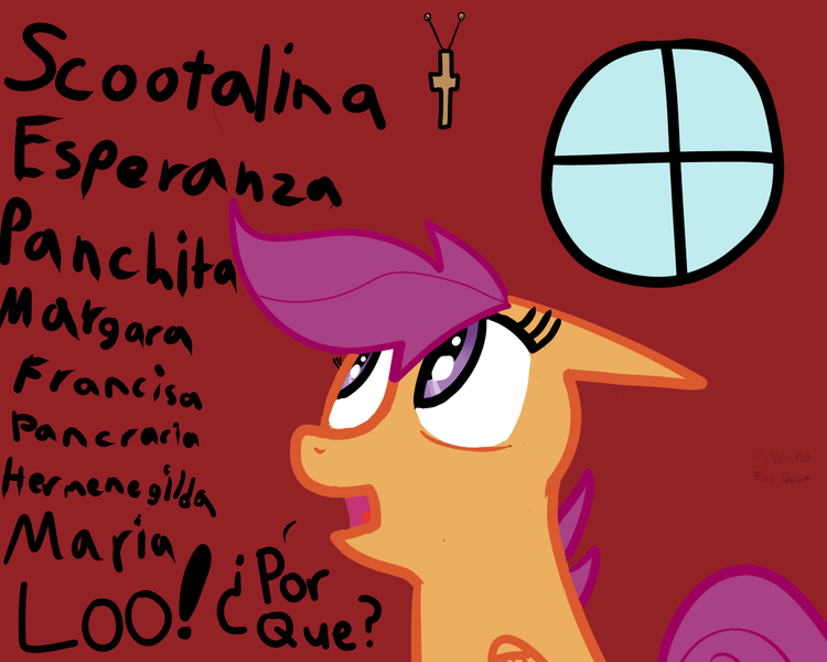 Size: 1280x1024 | Tagged: artist:cosmonaut, cross, derpibooru import, full name, mexican, safe, scootalina, scootaloo, solo, spanish, why