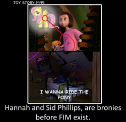 Size: 1774x1721 | Tagged: 1995, boy liking girly thing joke, brony, coincidence, derpibooru import, fluttershy, hannah phillips, hilarious in hindsight, mind blown, safe, sid phillips, toy story