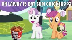 Size: 300x168 | Tagged: safe, deleted from derpibooru, derpibooru import, edit, edited screencap, screencap, scootaloo, sweetie belle, chicken, pegasus, pony, unicorn, caption, duo, female, filly, image macro, kfc, lowres, needs more jpeg, out of character, racism