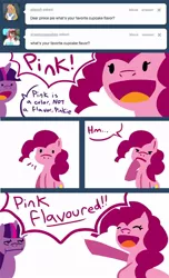 Size: 600x988 | Tagged: safe, artist:steveholt, derpibooru import, pinkie pie, twilight sparkle, earth pony, pony, unicorn, ask, eyes closed, female, hooves, horn, lineless, mare, open mouth, pinkie pie answers, speech bubble, tumblr