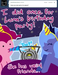 Size: 600x776 | Tagged: safe, artist:steveholt, derpibooru import, pinkie pie, princess luna, alicorn, earth pony, pony, ask, eyes closed, female, hat, hooves, horn, lineless, mare, moon, on the moon, party, party hat, pinkie pie answers, smiling, space core, tumblr