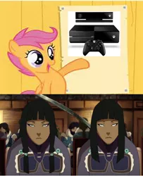 Size: 438x540 | Tagged: derpibooru import, desna, eska, meme, obligatory pony, safe, scootaloo, the legend of korra, xbox one