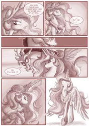 Size: 850x1202 | Tagged: safe, artist:stepandy, derpibooru import, discord, princess celestia, comic:mark of chaos, comic, crying, dialogue, dislestia, female, magic, male, messy mane, monochrome, shipping, straight