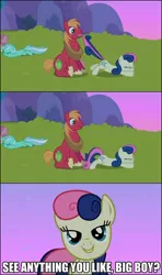 Size: 720x1217 | Tagged: suggestive, artist:eruvon, derpibooru import, edit, edited screencap, screencap, big macintosh, bon bon, dizzy twister, lyra heartstrings, orange swirl, sweetie drops, earth pony, pony, lesson zero, bedroom eyes, bon butt, bonmac, comic, flirting, male, screencap comic, shipping, stallion, straight, tail bite