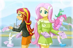 Size: 1000x667 | Tagged: safe, artist:uotapo, derpibooru import, angel bunny, fluttershy, gummy, pinkie pie, sunset shimmer, butterfly, rabbit, equestria girls, blushing, clothes, cloud, eyes closed, female, jacket, open mouth, shoes, skirt, sky, smiling, sneakers, sunset helper, volunteering, working