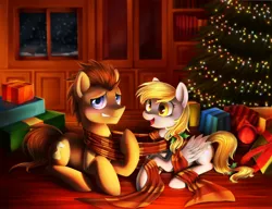 Size: 1300x1000 | Tagged: safe, artist:chryseum, derpibooru import, derpy hooves, doctor whooves, time turner, pegasus, pony, christmas, christmas tree, clothes, cute, doctorderpy, female, male, mare, night, present, scarf, shared clothing, shared scarf, shipping, straight, tree