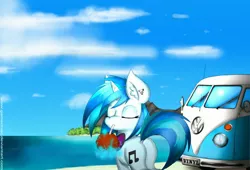 Size: 2800x1900 | Tagged: safe, artist:gamermac, derpibooru import, vinyl scratch, pony, unicorn, beach, butt, car, drinking, magic, microbus, plot, solo, van, volkswagen, volkswagen transporter, volkswagen type 2