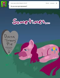 Size: 500x647 | Tagged: artist:steveholt, derpibooru import, granny pie, grave, pinkie pie, pinkie pie answers, safe, solo, tumblr