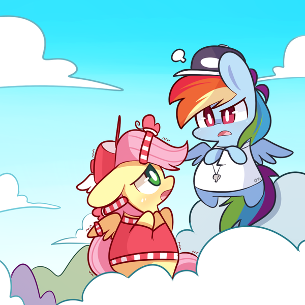 Size: 1000x1000 | Tagged: safe, artist:lifeloser, derpibooru import, fluttershy, rainbow dash, pony, cap, chibi, clothes, cloud, cloudy, cute, hat, looking at each other, open mouth, sky, whistle