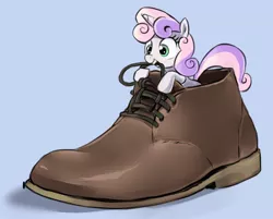 Size: 1148x922 | Tagged: artist:gsphere, boot, characters inside shoes, cute, derpibooru import, micro, mouth hold, safe, shoes, solo, sweetie belle