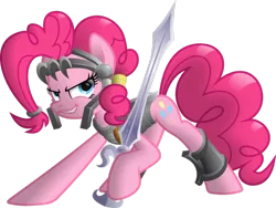 Size: 1032x774 | Tagged: safe, artist:ratchethun, derpibooru import, pinkie pie, earth pony, pony, armor, lidded eyes, looking back, simple background, solo, sword, transparent background