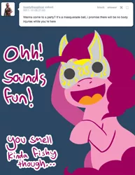 Size: 600x776 | Tagged: safe, artist:steveholt, derpibooru import, pinkie pie, mask, pinkie pie answers, solo, tumblr