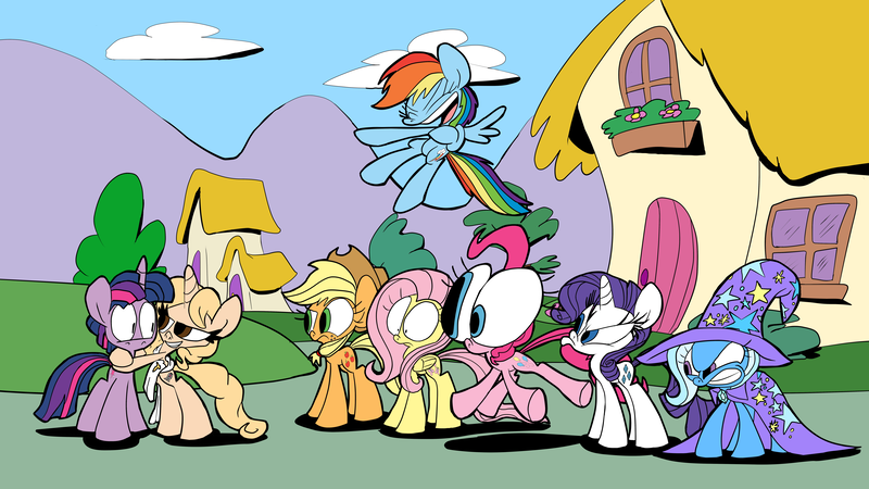 Size: 4800x2700 | Tagged: applejack, artist:joeywaggoner, commission, derpibooru import, dusk shine, dusk shine gets all the mares, female, fluttershy, half r63 shipping, jealous, male, mane six, oc, oc:taralicious, pinkie pie, ponified, rainbow dash, rarity, rule 63, safe, shipping, straight, tarashine, tara strong, the unexpected love life of dusk shine, trixie, twilight sparkle