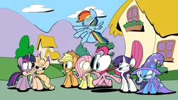 Size: 4800x2700 | Tagged: applejack, artist:joeywaggoner, commission, derpibooru import, dusk shine, dusk shine gets all the mares, female, fluttershy, half r63 shipping, jealous, male, mane six, oc, oc:taralicious, pinkie pie, ponified, rainbow dash, rarity, rule 63, safe, shipping, straight, tarashine, tara strong, the unexpected love life of dusk shine, trixie, twilight sparkle