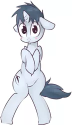 Size: 521x907 | Tagged: dead source, safe, artist:kryptchild, derpibooru import, oc, oc:cobalt snow, unofficial characters only, pony, bipedal, blushing, solo