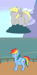 Size: 400x800 | Tagged: safe, artist:secretgoombaman12345, derpibooru import, derpy hooves, rainbow dash, pegasus, pony, ask chubby diamond, aderpose, animated, bad end, cloud, falling, fat, female, jumping, mare, morbidly obese, obese, scene interpretation