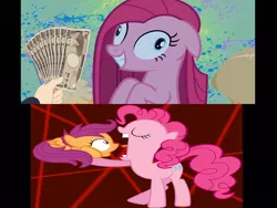 Size: 1024x768 | Tagged: safe, derpibooru import, pinkie pie, scootaloo, earth pony, pegasus, pony, female, filly, fistful of yen, imminent vore, lunch, mare, money, wide eyes