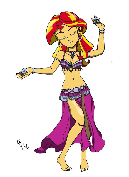 Size: 764x1045 | Tagged: suggestive, artist:mayorlight, derpibooru import, sunset shimmer, equestria girls, armlet, armpits, barefoot, belly button, belly dancer, belly dancer outfit, belly jewel, breasts, choker, ear piercing, earring, eyes closed, feet, female, finger cymbals, harem outfit, image, jeweled navel, jewelry, jpeg, midriff, piercing, simple background, solo, solo female, white background