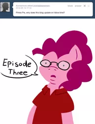 Size: 500x647 | Tagged: artist:steveholt, clothes, derpibooru import, gabe newell, glasses, pinkie pie, pinkie pie answers, safe, solo, tumblr