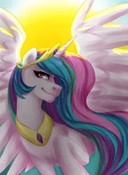 Size: 2200x3000 | Tagged: safe, artist:etrnlpeace, derpibooru import, princess celestia, alicorn, pony, backlighting, smiling, solo, sun