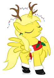 Size: 928x1339 | Tagged: safe, artist:zomgitsalaura, derpibooru import, oc, oc:ticket, unofficial characters only, alicorn, pony, alicorn oc, antlers, christmas, christmas lights, simple background, solo, transparent background