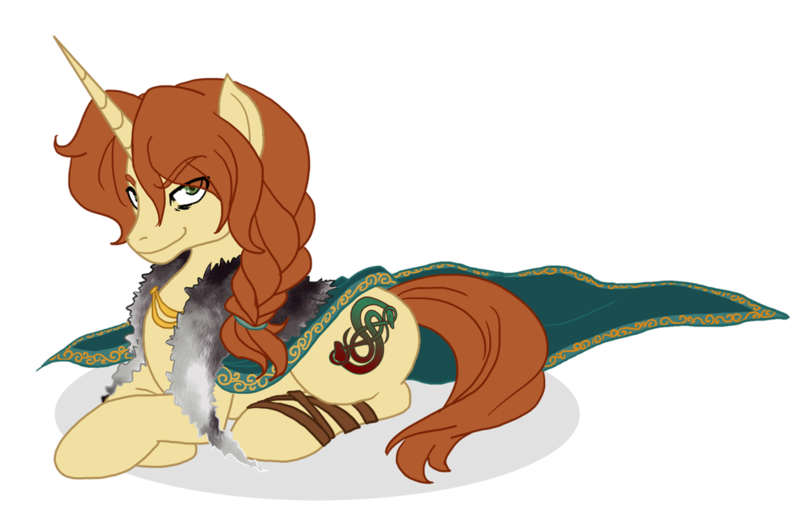 Size: 1280x833 | Tagged: safe, artist:the-orator, derpibooru import, ponified, unicorn, brown mane, cape, clothes, cutie mark, fur, horn, loki, long horn, long mane, looking at you, lying, norse mythology, smiling, solo, vector, yellow coat