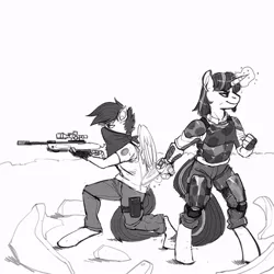 Size: 800x800 | Tagged: safe, artist:kevinsano, derpibooru import, scootaloo, oc, anthro, unguligrade anthro, armor, bandana, black and white, glowing horn, grayscale, gun, hooves, horn, magic, monochrome, older, optical sight, rifle, sniper rifle, weapon, wings