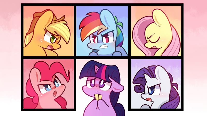 Size: 1280x720 | Tagged: applejack, artist:lifeloser, chibi, derpibooru import, fluttershy, gala tickets, mane six, pinkie pie, rainbow dash, rarity, safe, scene interpretation, the ticket master, twilight sparkle, wallpaper