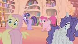 Size: 853x480 | Tagged: safe, derpibooru import, screencap, fluttershy, pinkie pie, rarity, twilight sparkle, pony, bridle gossip, female, flutterbutt, flutterguy, hairity, mare, plot, spitty pie, twilight flopple